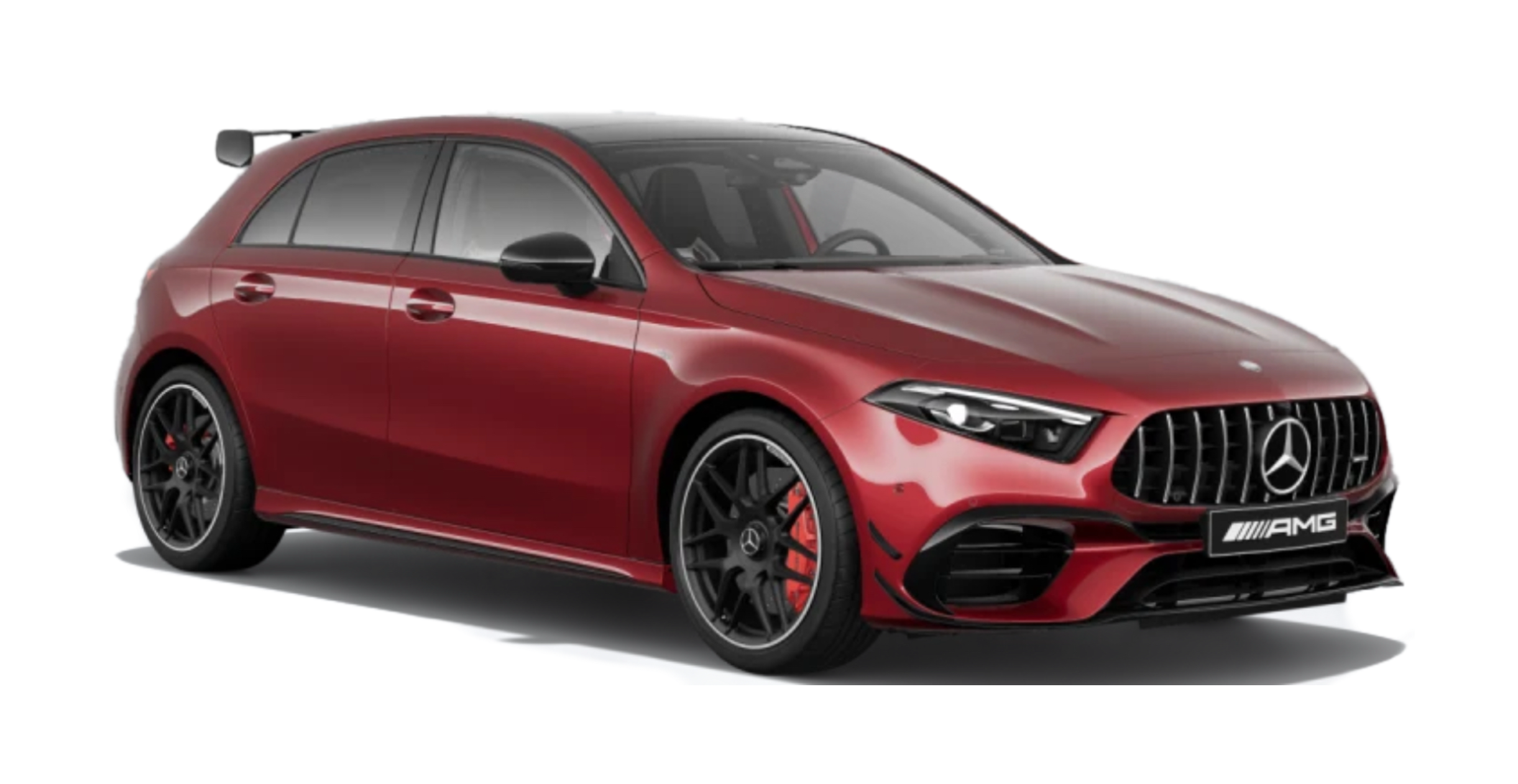 Side view of a Mercedes-AMG A45 S, emphasizing its aggressive styling and compact, high-performance design.