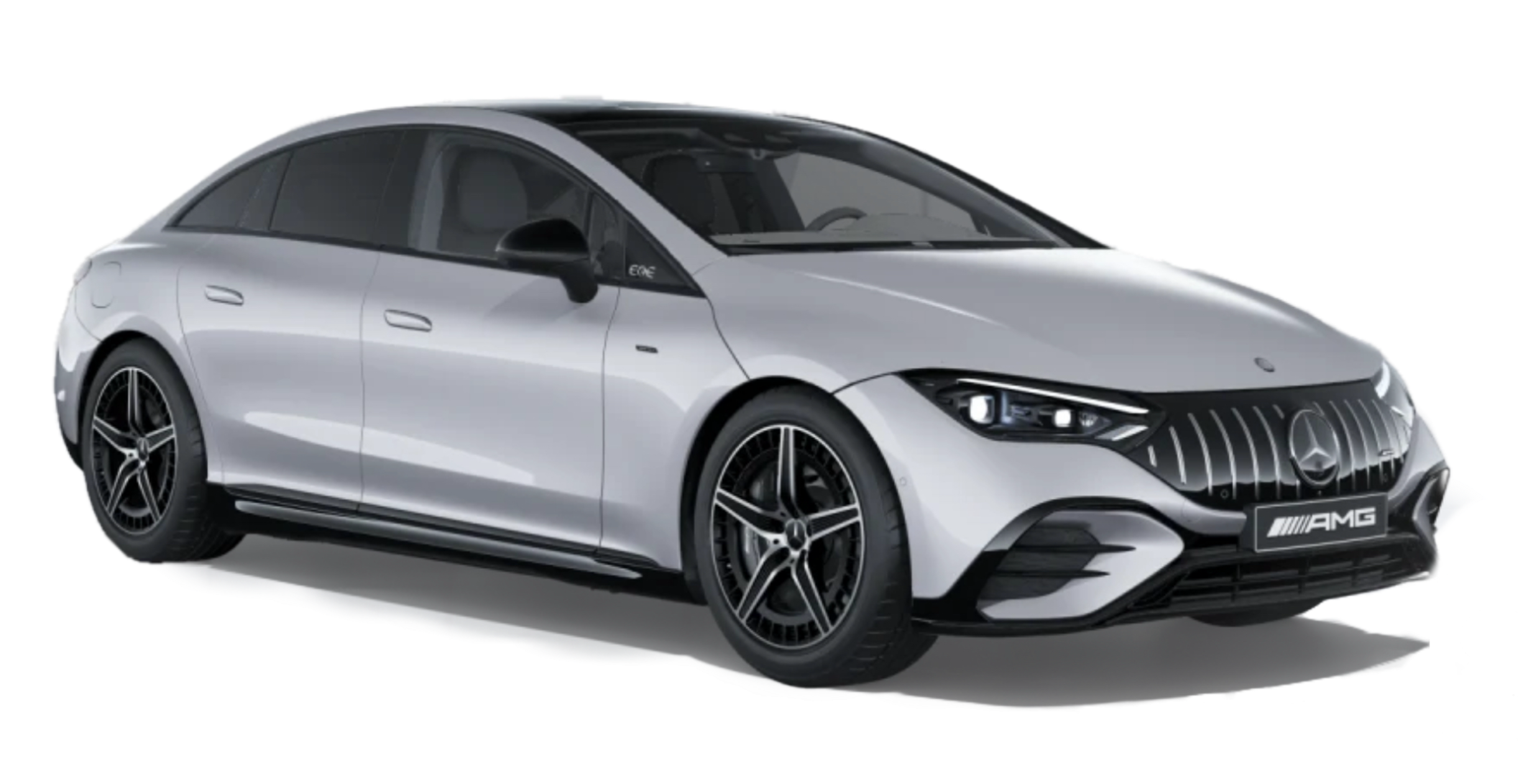 A sleek Mercedes-AMG EQE 53 electric car with a white background.