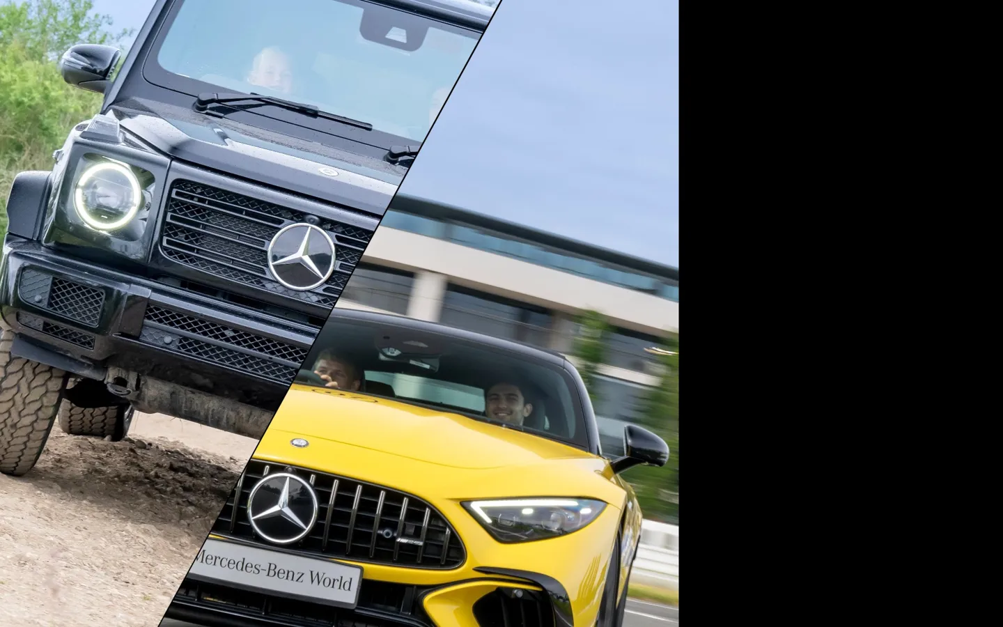 Split image showcasing a black Mercedes-Benz G-Class driving off-road on the left, and a yellow AMG sports car speeding on a racetrack at Mercedes-Benz World on the right.