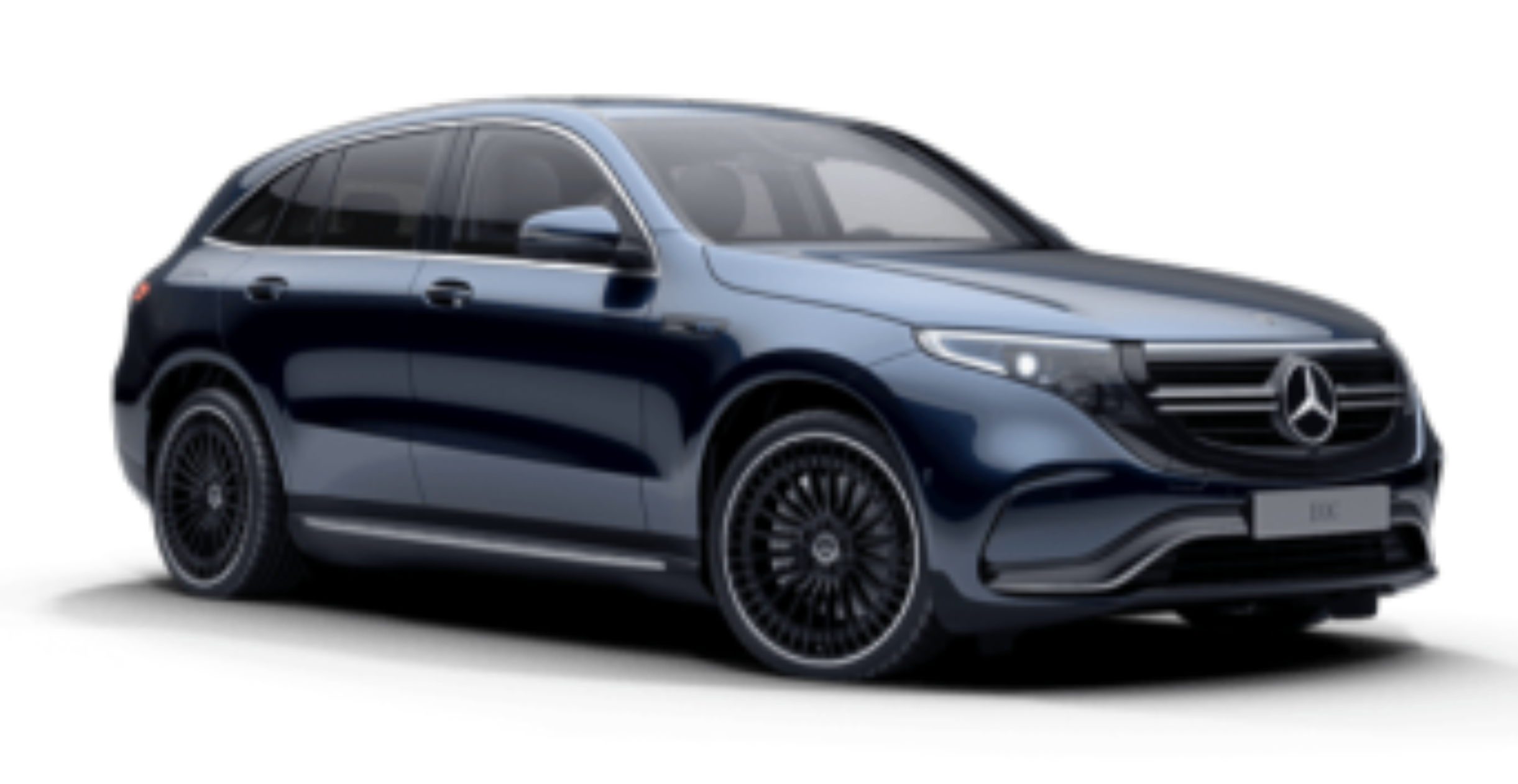 Front view of a sleek silver Mercedes-Benz EQC electric SUV, showcasing its modern grille and LED headlights against a white background.