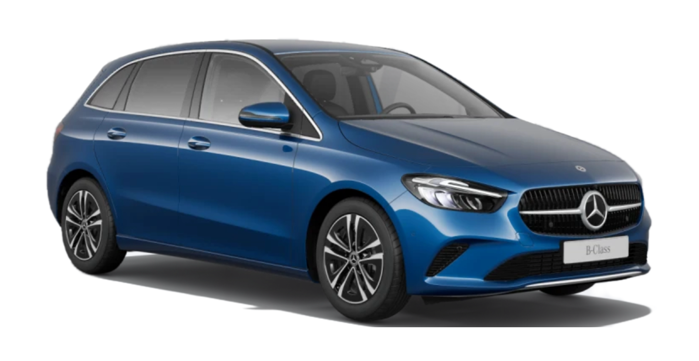 Front view of a white Mercedes-Benz B-Class compact MPV, featuring a sleek grille and modern headlights, set against a neutral background.